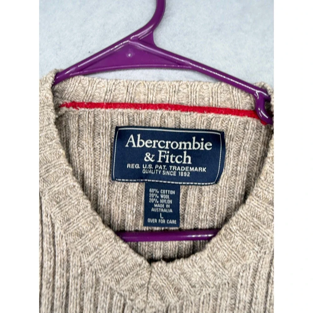 Abercrombie & Fitch Mens V-Neck Ribbed Wool Blend Sweater Oatmeal Large